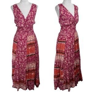 Y2K Jane Ashley Boho Maxi Dress Size 1X Pink Floral Smocked Waist Cotton Hippie